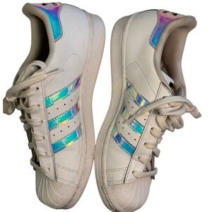 Adidas Superstar Iridescent Stripes White Sneakers Size 4.5‎ Youth Girl Shoes